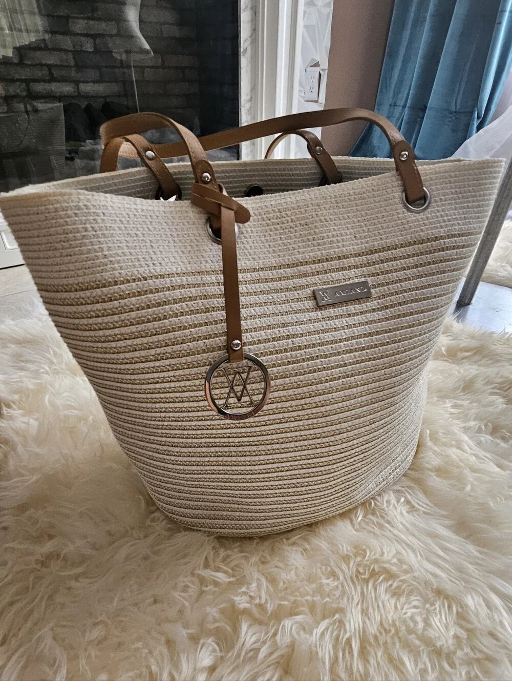 miami Beige Straw Tote with Brown Trim and Logo Charm